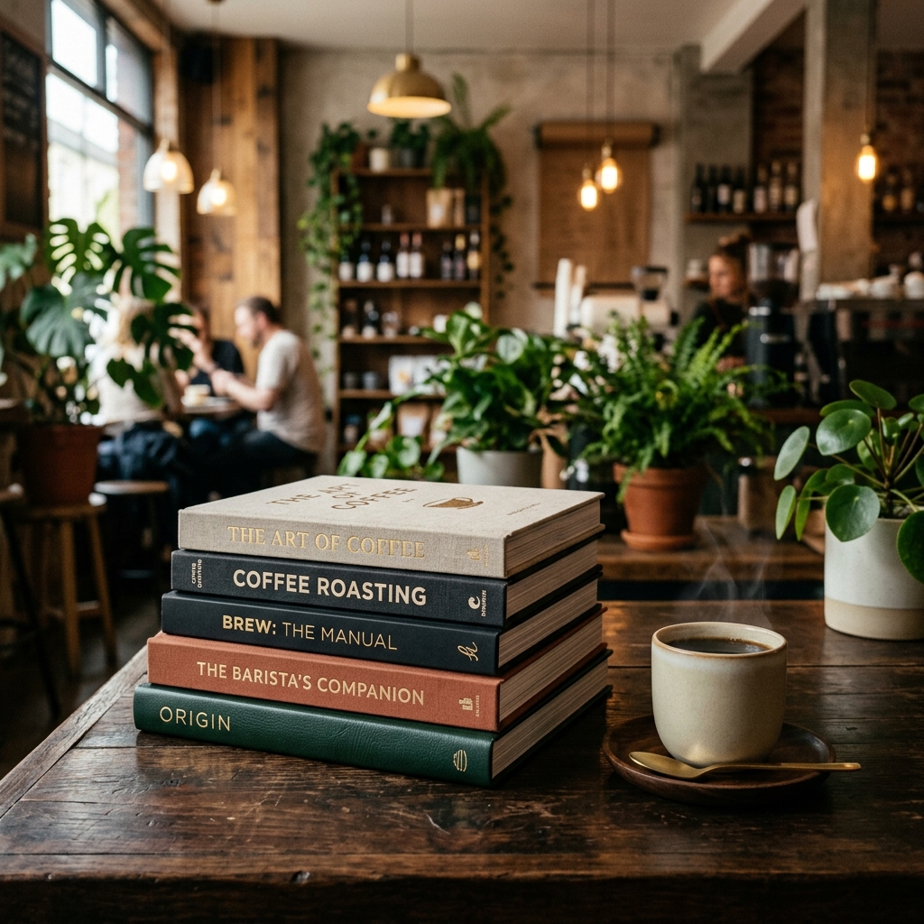 Libros sobre café de especialidad apilados junto a una taza de filtrado